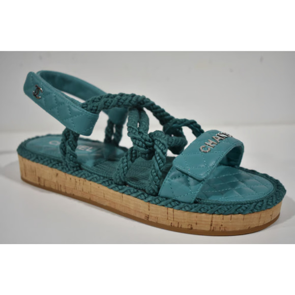 Chanel 21S Dad Green Blue Cord Rope CC Quilted Mule Ankle Strap Sandal Flat 40 - Picture 10 of 12
